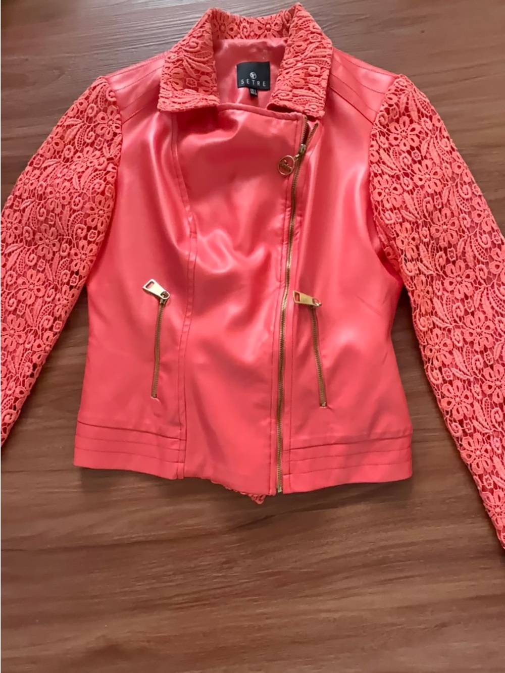 Coral Lace-Sleeve Faux Leather Jacket
